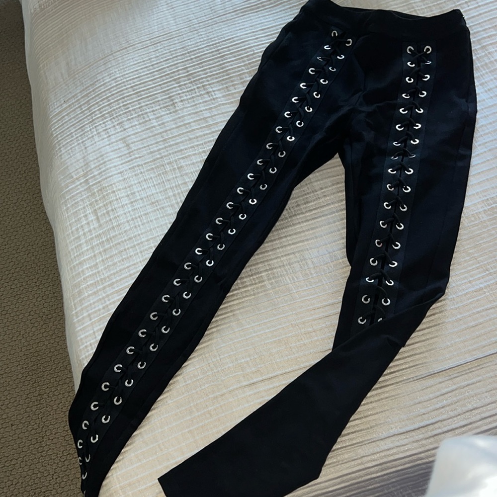 FashionNova tie down silver and white black pants